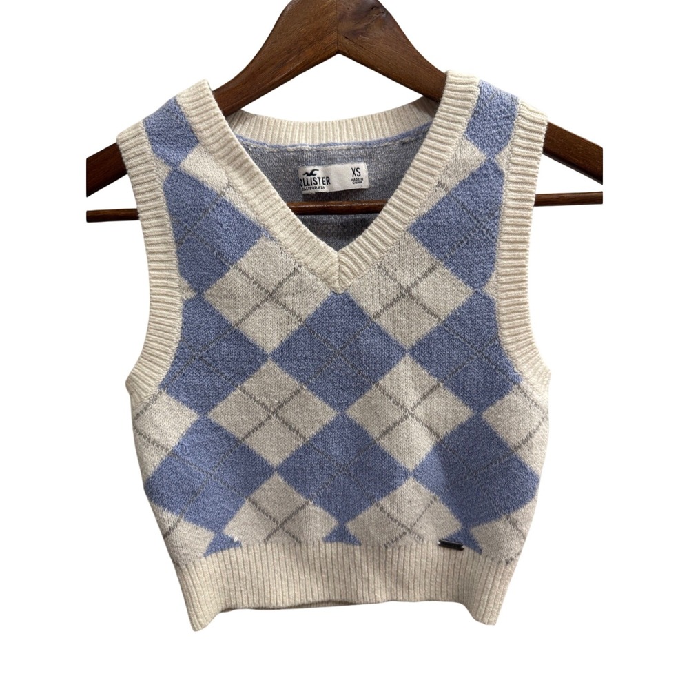 Hollister Argyle Sweater Vest Women XS Blue Cream Excellent V-Neck Knit Top